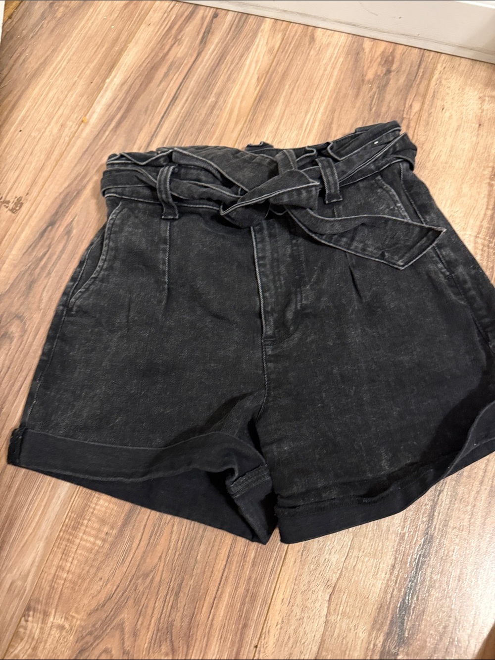 Express High-Waist Paperbag Shorts in Washed Black